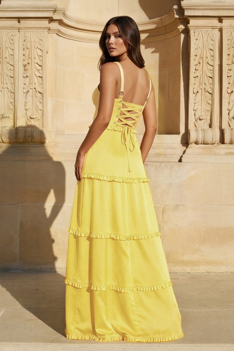 A-Line Hot Pink Ruffles Slit Prom Dress with Lace-up Back