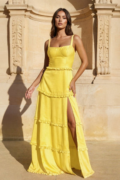 A-Line Hot Pink Ruffles Slit Prom Dress with Lace-up Back