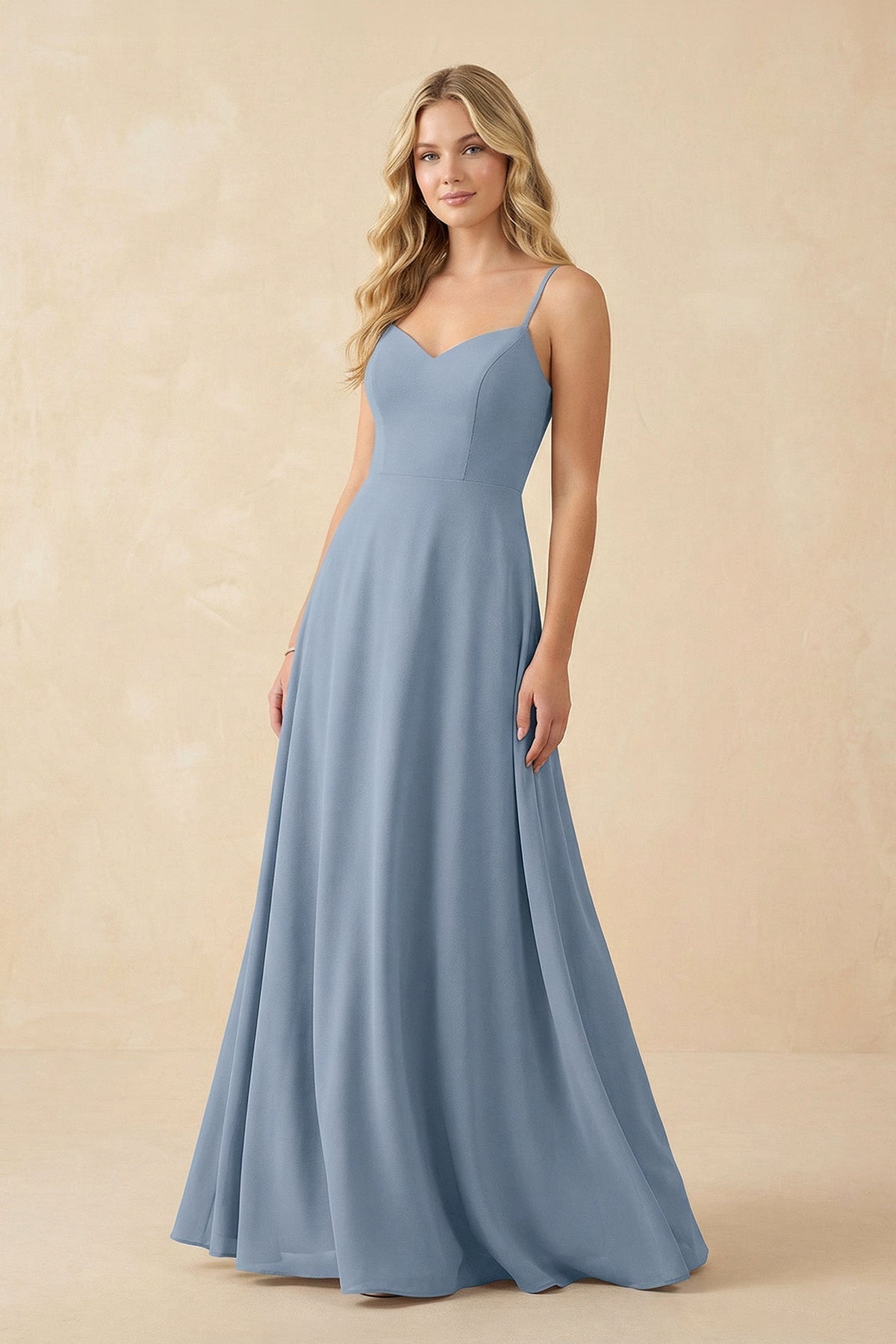 A-Line Chiffon Spaghetti Strap Bridesmaid Dress in Neptune