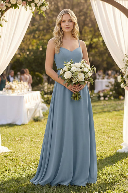 A-Line Chiffon Spaghetti Strap Bridesmaid Dress in Neptune