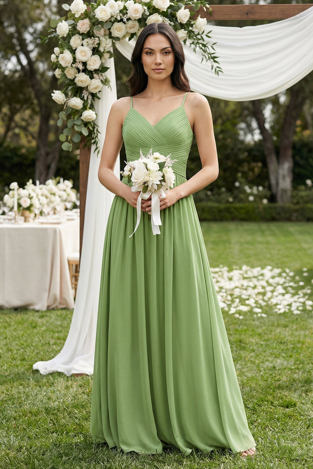 A-Line Pleated Spaghetti Strap Chiffon Bridesmaid Dress in Matcha