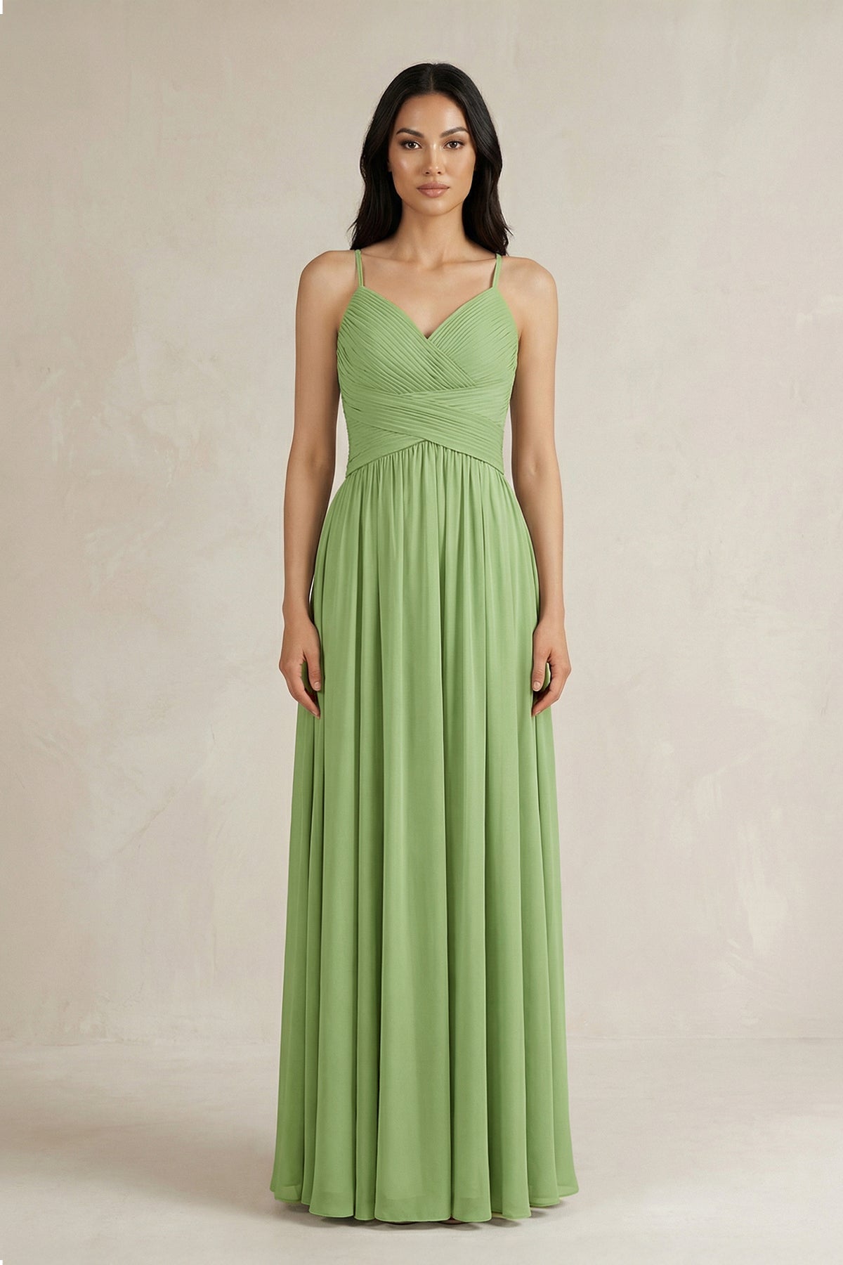 A-Line Pleated Spaghetti Strap Chiffon Bridesmaid Dress in Matcha
