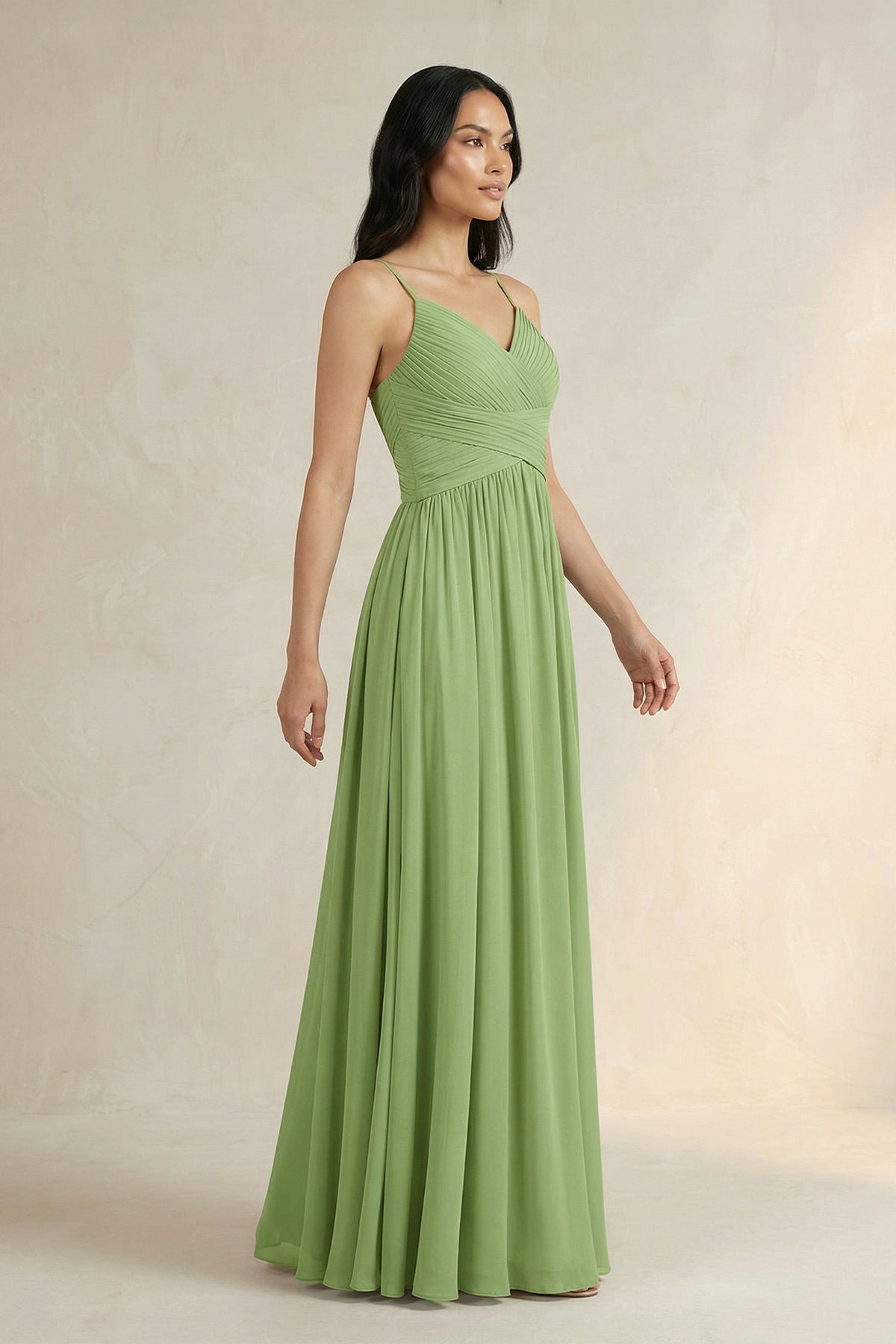 A-Line Pleated Spaghetti Strap Chiffon Bridesmaid Dress in Matcha