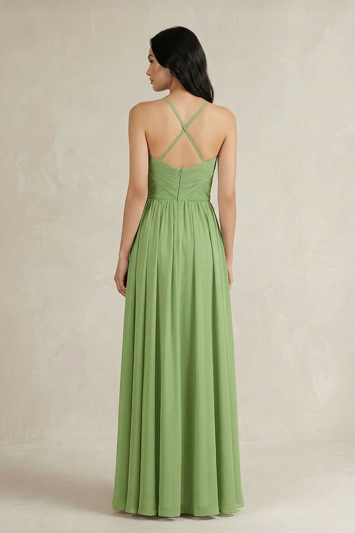 A-Line Pleated Spaghetti Strap Chiffon Bridesmaid Dress in Matcha