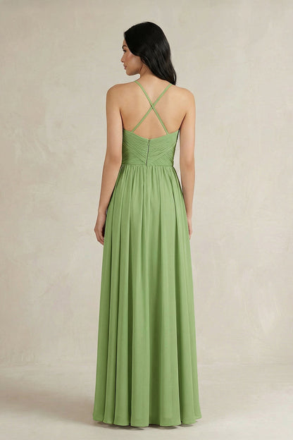 A-Line Pleated Spaghetti Strap Chiffon Bridesmaid Dress in Matcha