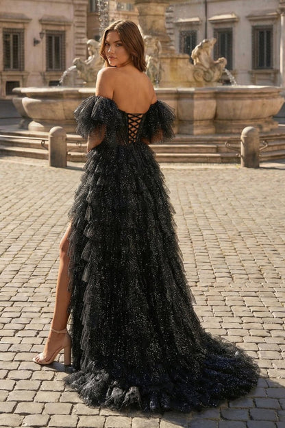 A line Off-the-Shoulder Glitter Tulle Prom Dress with Slit