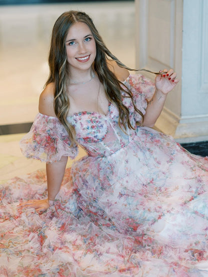 A Line Off The Shoulder Floral Tulle Prom Dress