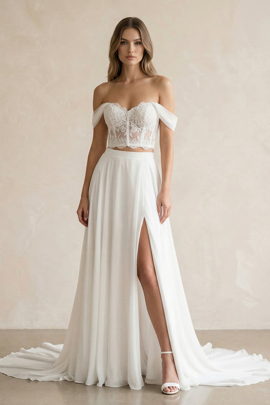 A-Line Lace White Lace-Up Off-the-Shoulder Wedding Dress with Slit