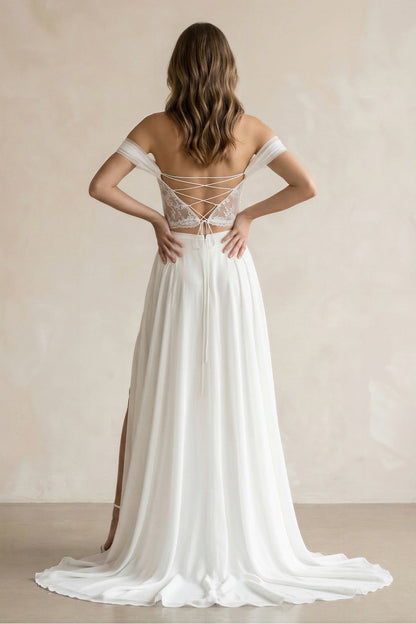 A-Line Lace White Lace-Up Off-the-Shoulder Wedding Dress with Slit