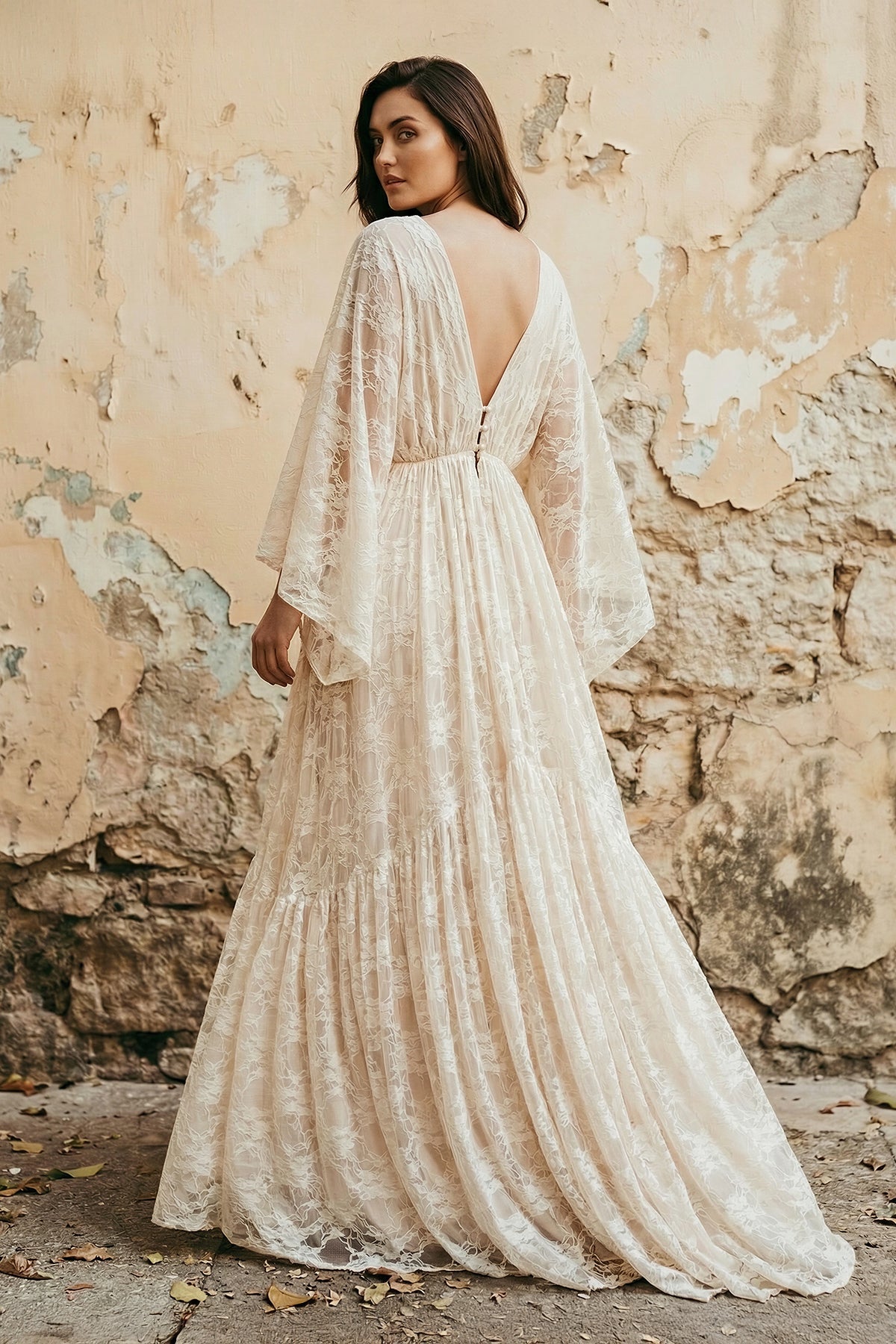 A-Line Plunging Neckline Lace Wedding Dress With Open Back