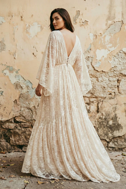 A-Line Plunging Neckline Lace Wedding Dress With Open Back