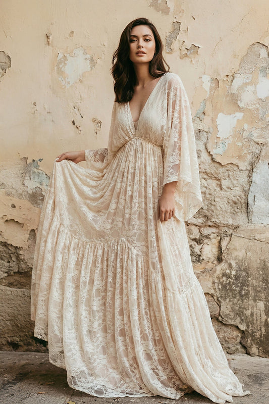 A-Line Plunging Neckline Lace Wedding Dress With Open Back