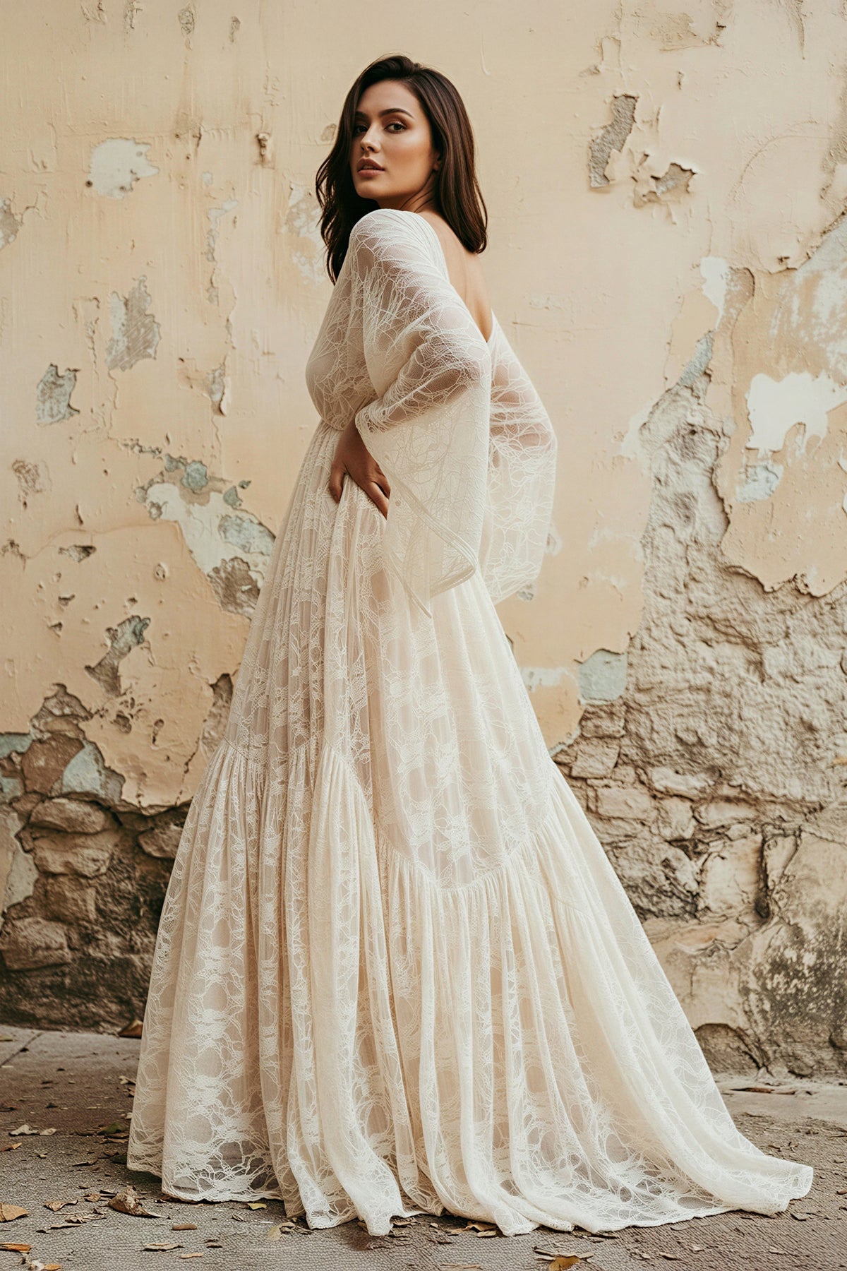 A-Line Plunging Neckline Lace Wedding Dress With Open Back