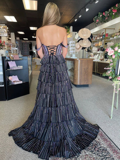 A Line Off-the-Shoulder Satin Tiered Long Prom Dresses With Beads