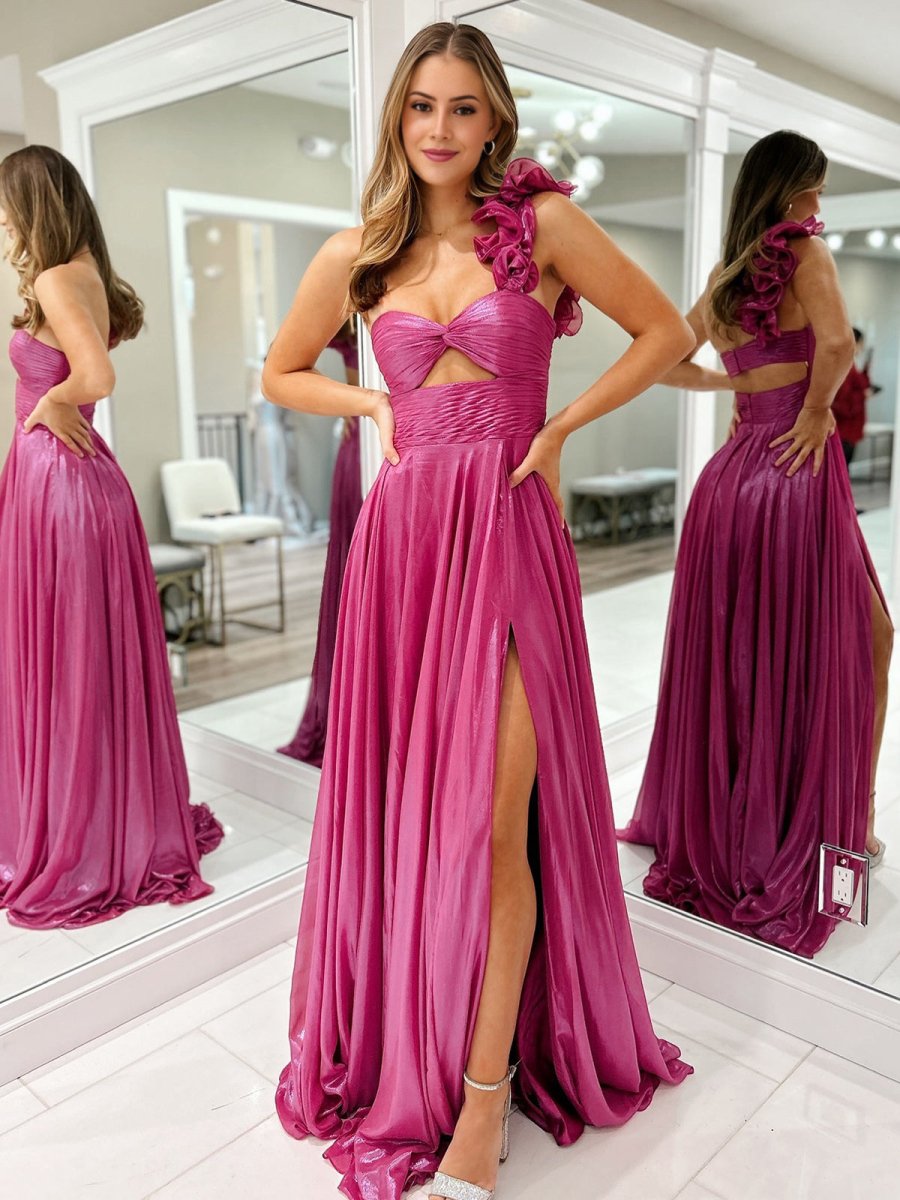 A-Line Fuchsia One Shoulder Keyhole Pleated Metallic Prom Dress with Slit