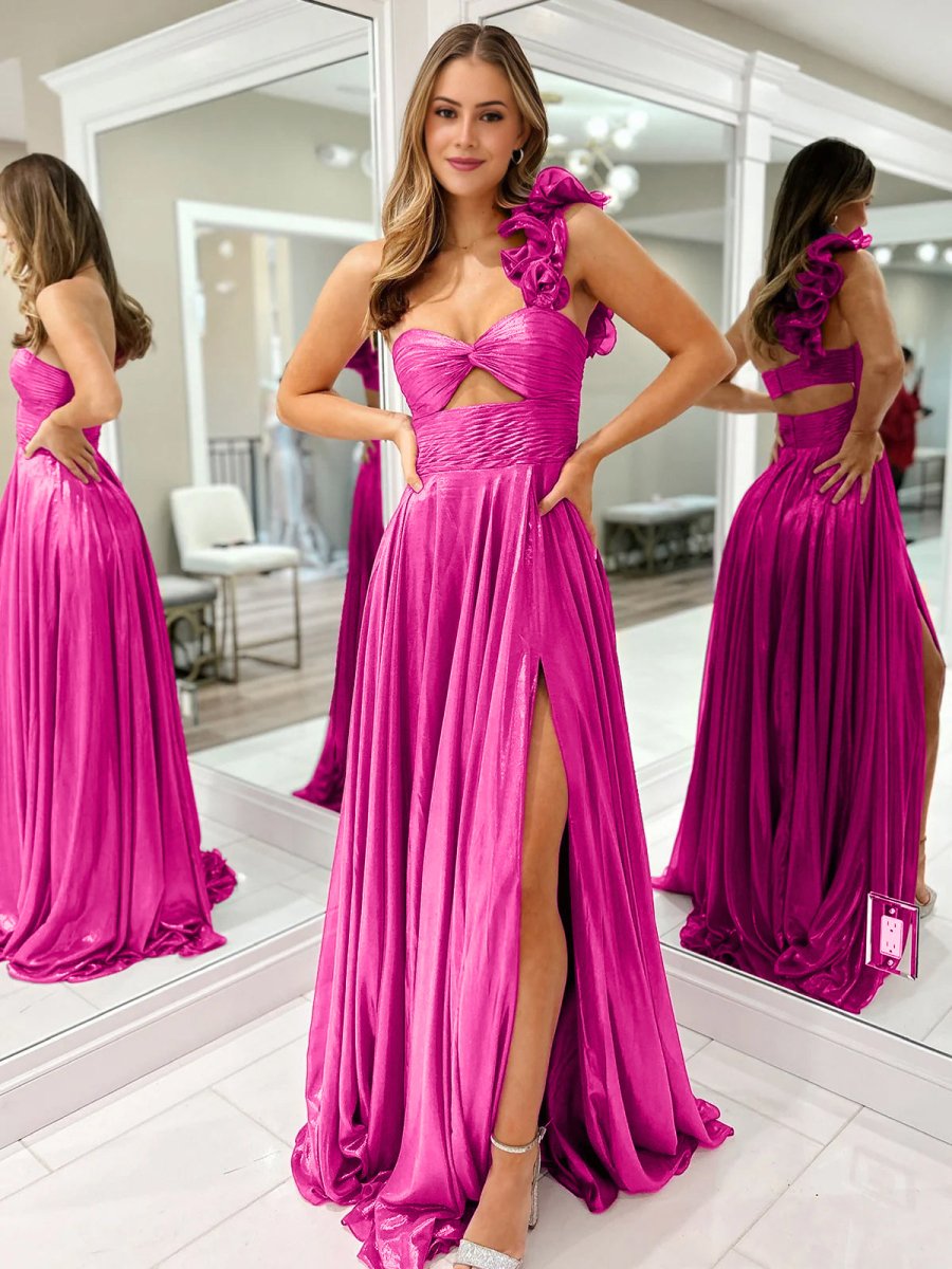A-Line Fuchsia One Shoulder Keyhole Pleated Metallic Prom Dress with Slit