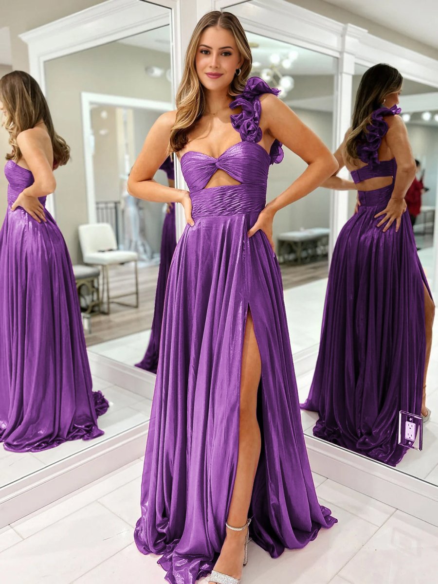 A-Line Fuchsia One Shoulder Keyhole Pleated Metallic Prom Dress with Slit