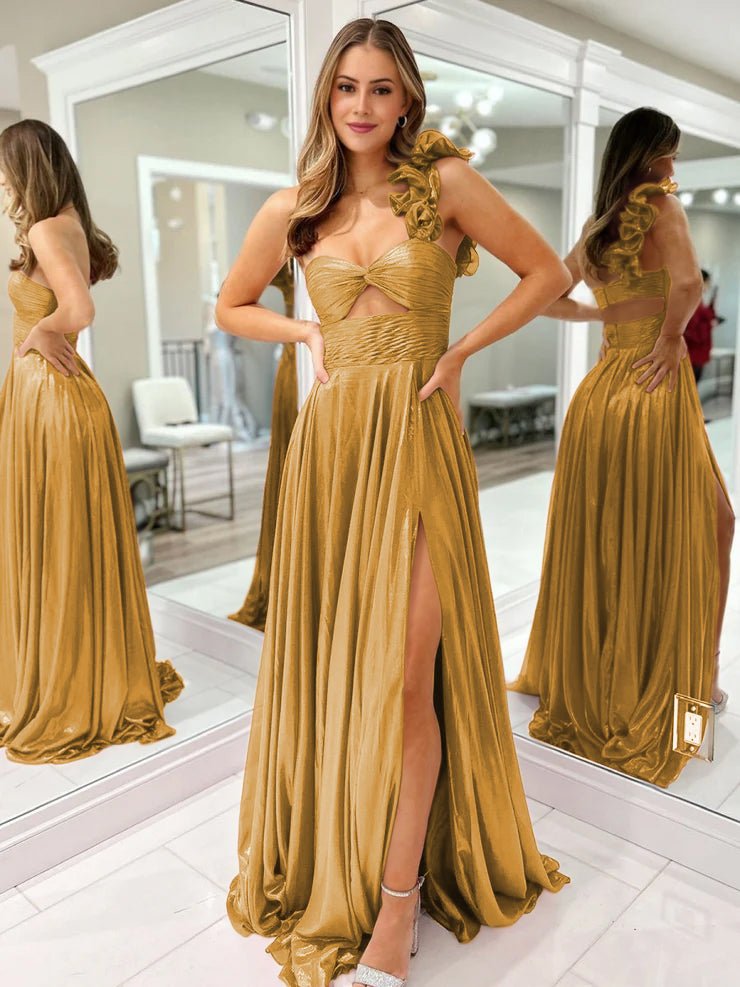 A-Line Fuchsia One Shoulder Keyhole Pleated Metallic Prom Dress with Slit