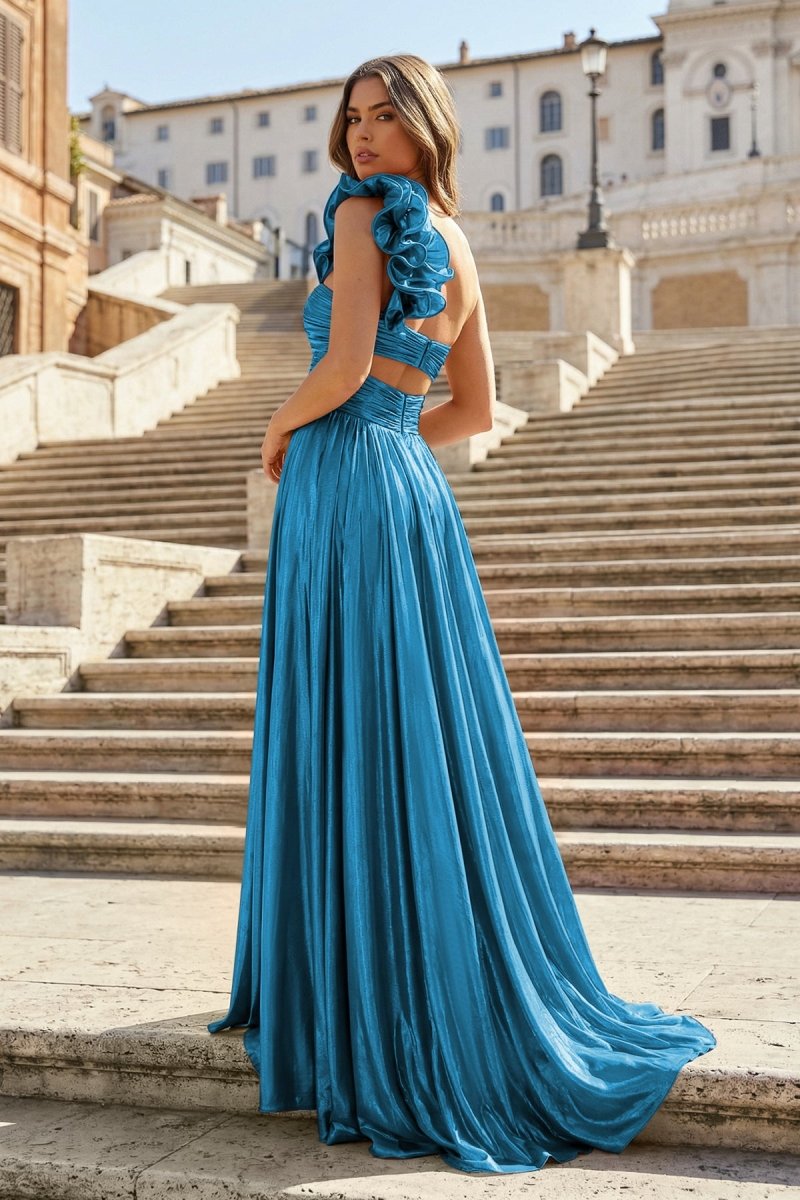 A-Line Fuchsia One Shoulder Keyhole Pleated Metallic Prom Dress with Slit