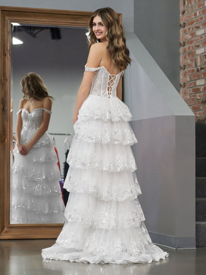 A-Line Lace Off-the-Shoulder Tiered Long Prom Dress with Slit