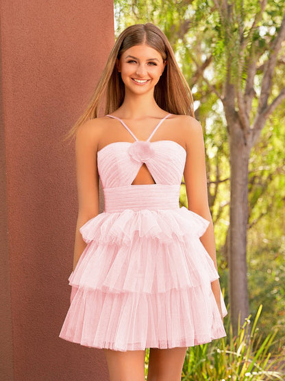 A Line Tulle Orange Keyhole Halter Short Homecoming Dress with Ruffles