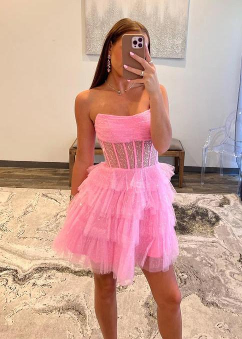 A Line Black Strapless Tiered Homecoming Dress